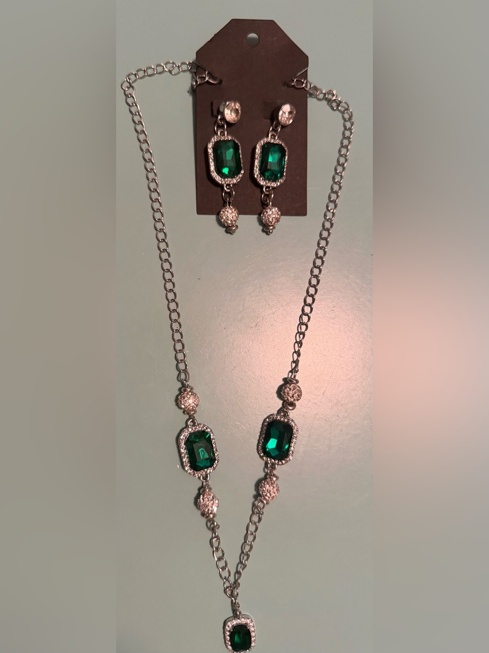 Silver & Emerald Green Crystal Pendant Necklace & Earrings Set